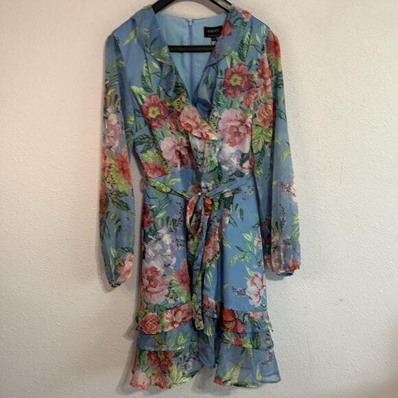 NWT Bardot Women Blue Triple Frill Wrap Floral Mini Dress Size 8 - Picture 6 of 13